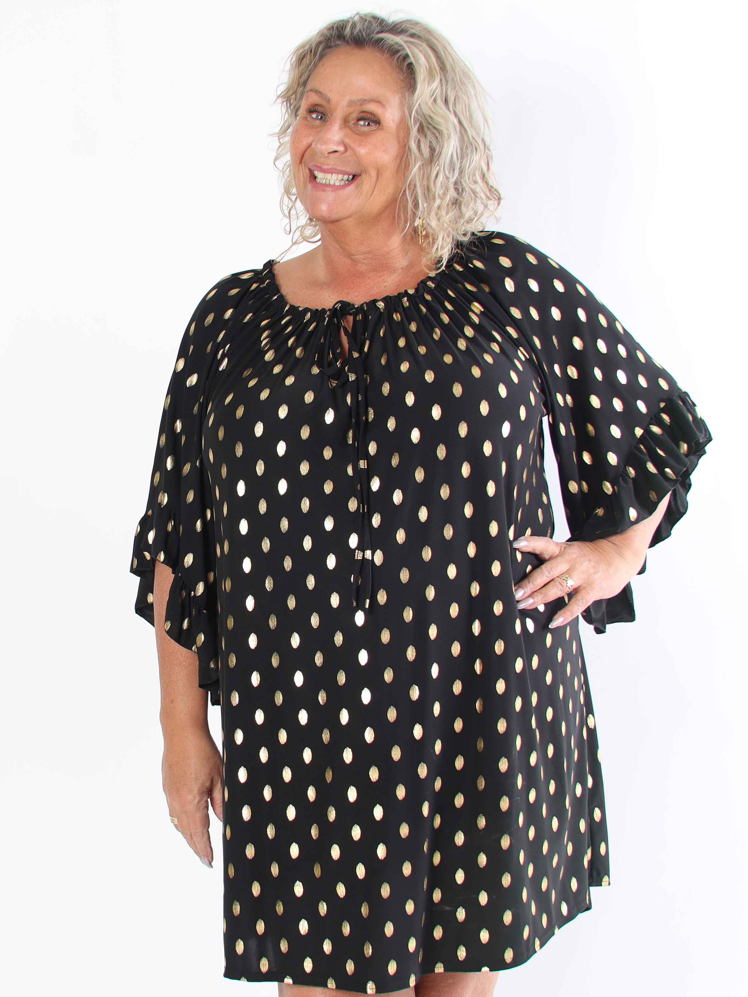 Yasma - Plus size tunikakjole med guld prikker og flæseærmer